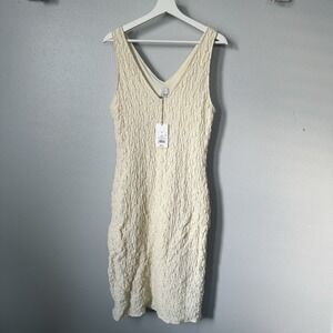 A New Day Woman Tank Dress Medium Cream Scrunch Pattern Lined Body Con MIDI NWT